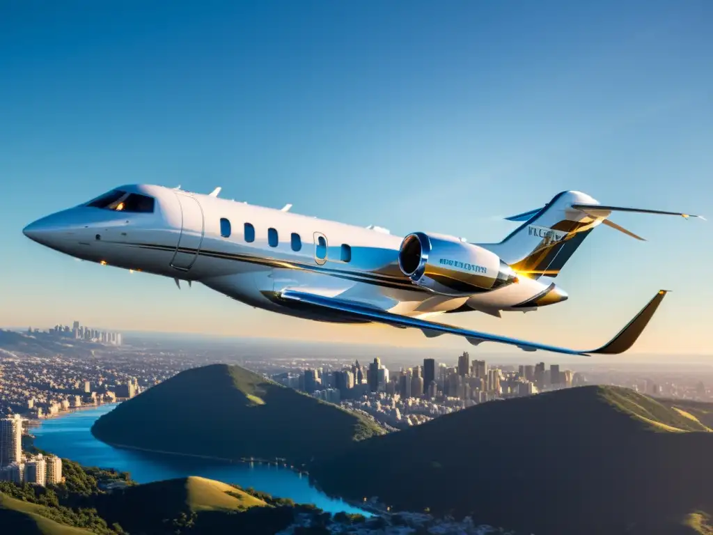 Un lujoso avión privado surcando el cielo azul, con la luz del sol reflejándose en su exterior pulido y la ciudad en el horizonte