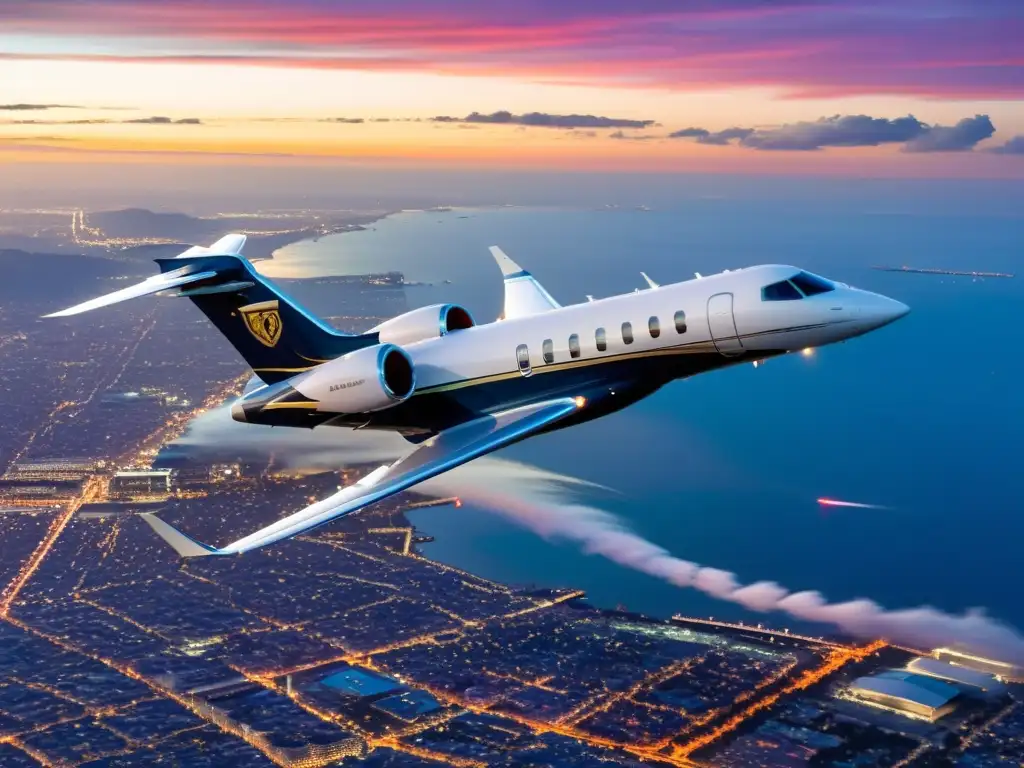 Un lujoso avión privado surcando el cielo al atardecer, con luces de ciudad brillando abajo y motores potentes dejando estelas de nubes