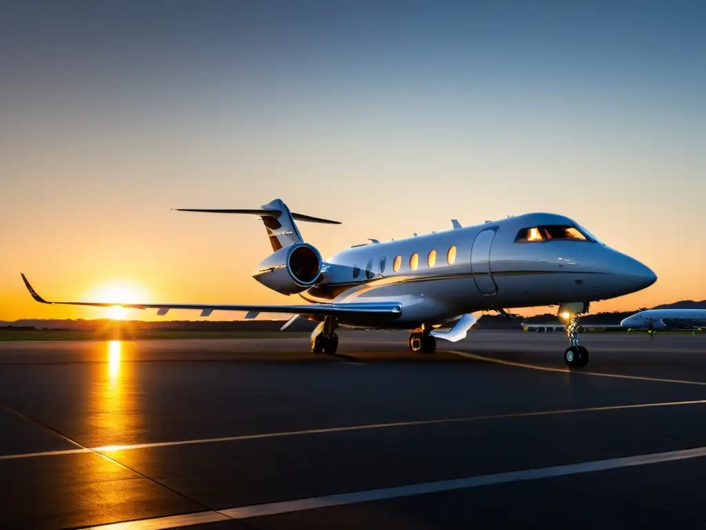 Un lujoso avión privado estacionado en la pista al atardecer, reflejando sofisticación y opulencia