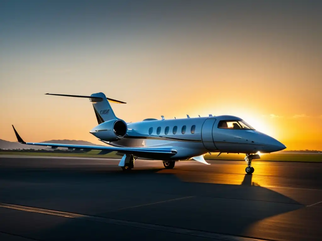 Un lujoso avión privado moderno en una pista al atardecer, reflejando opulencia y tecnología