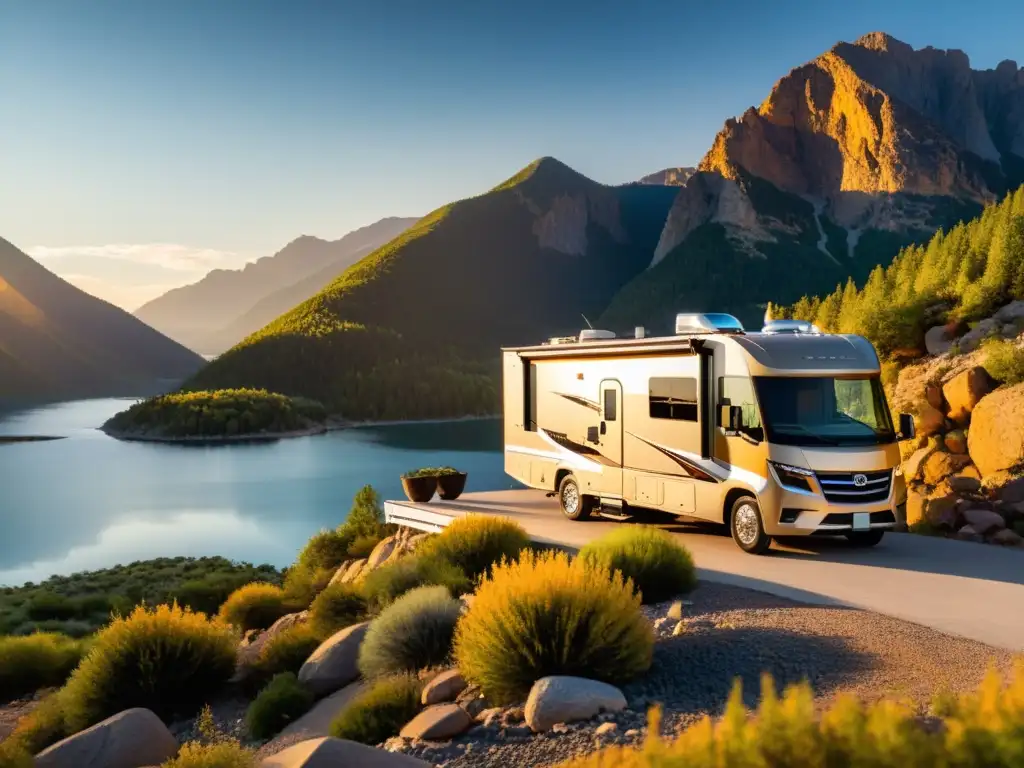 Un lujoso RV en el borde de un acantilado, con vistas a un lago sereno al atardecer