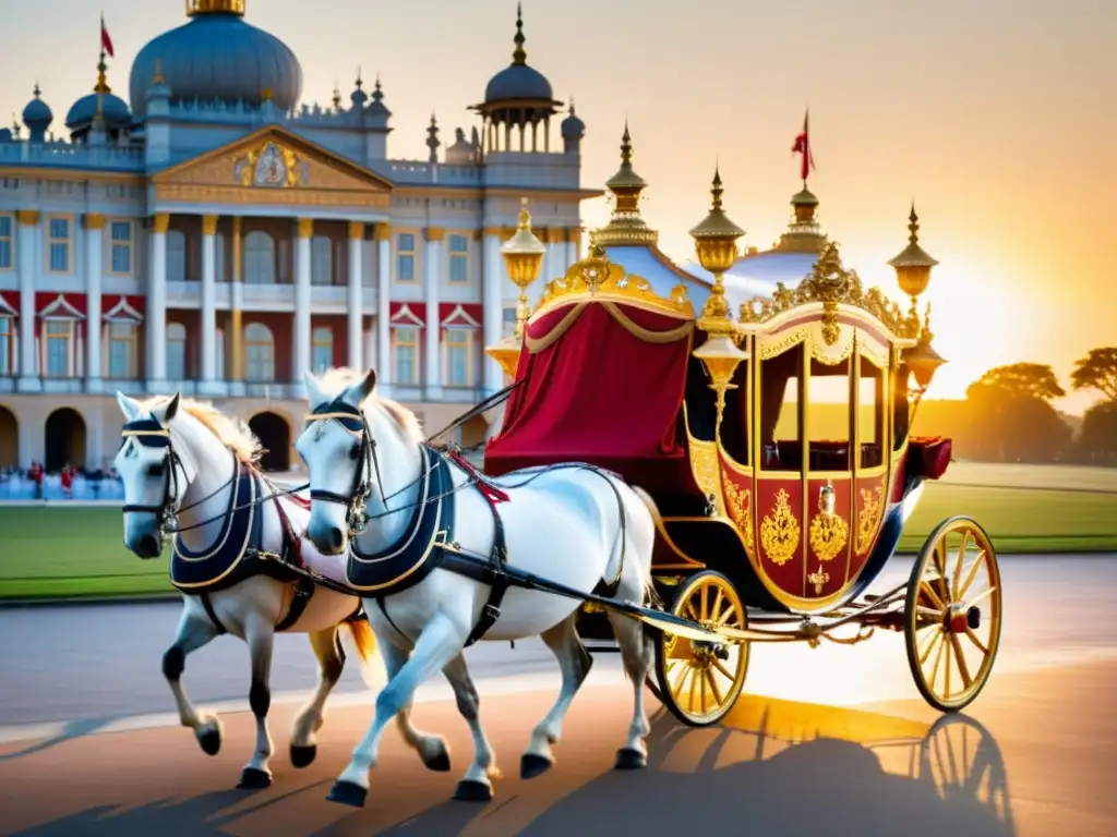 Un lujoso carruaje de la realeza del siglo XVIII, tirado por majestuosos caballos blancos, frente a un magnífico palacio al atardecer