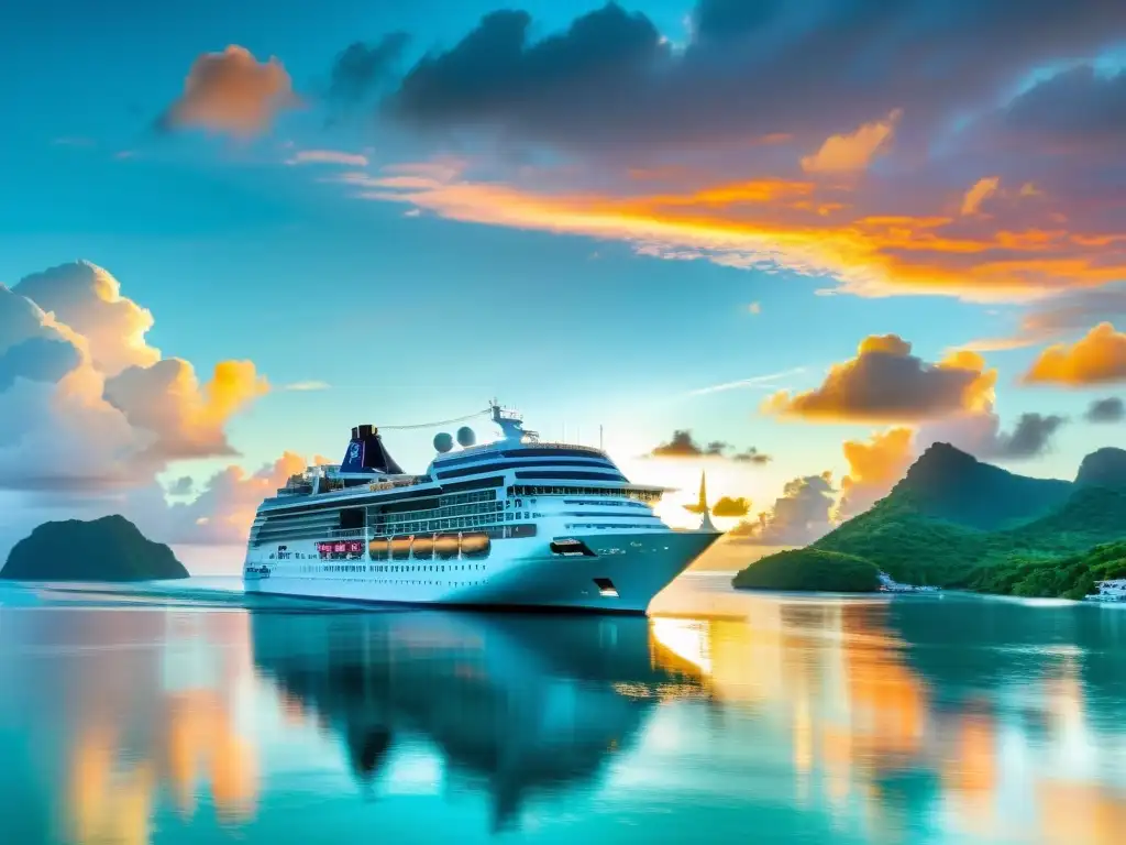 Un lujoso crucero navegando en aguas turquesas cristalinas al atardecer, reflejando el sol dorado y rodeado de islas tropicales exuberantes