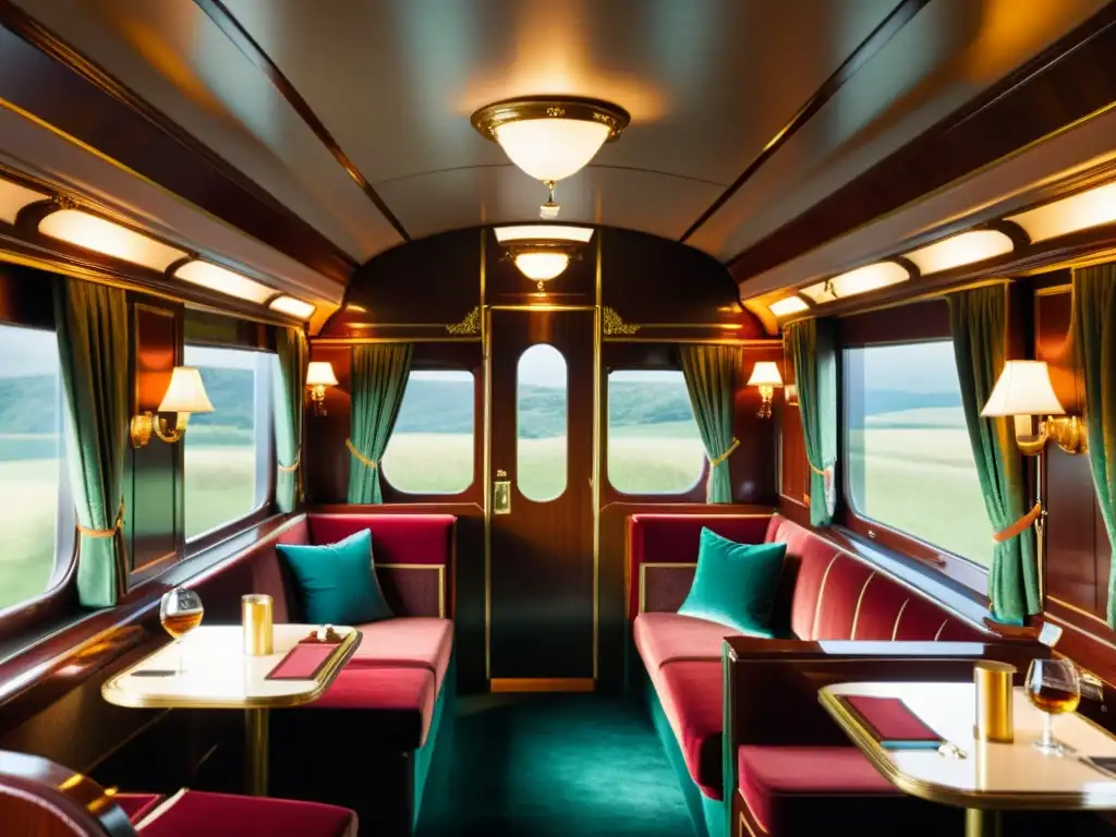 En el lujoso interior de un vagón vintage del Orient Express, se destacan los detalles de madera, terciopelo y latón