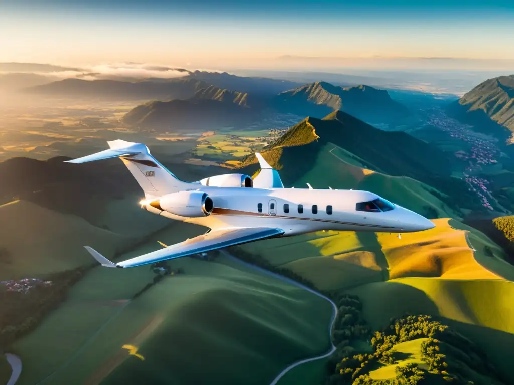 Un lujoso jet privado surca el cielo al atardecer, reflejando el resplandor dorado del sol