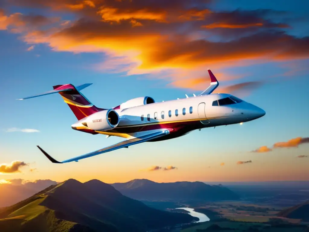 Un lujoso jet privado surcando el cielo al atardecer, reflejando los cálidos tonos dorados