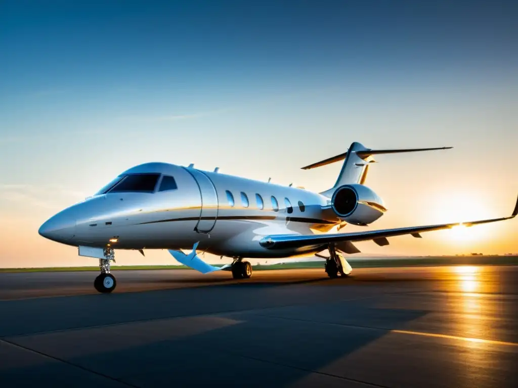 Un lujoso jet privado en la pista, reflejando la luz del sol