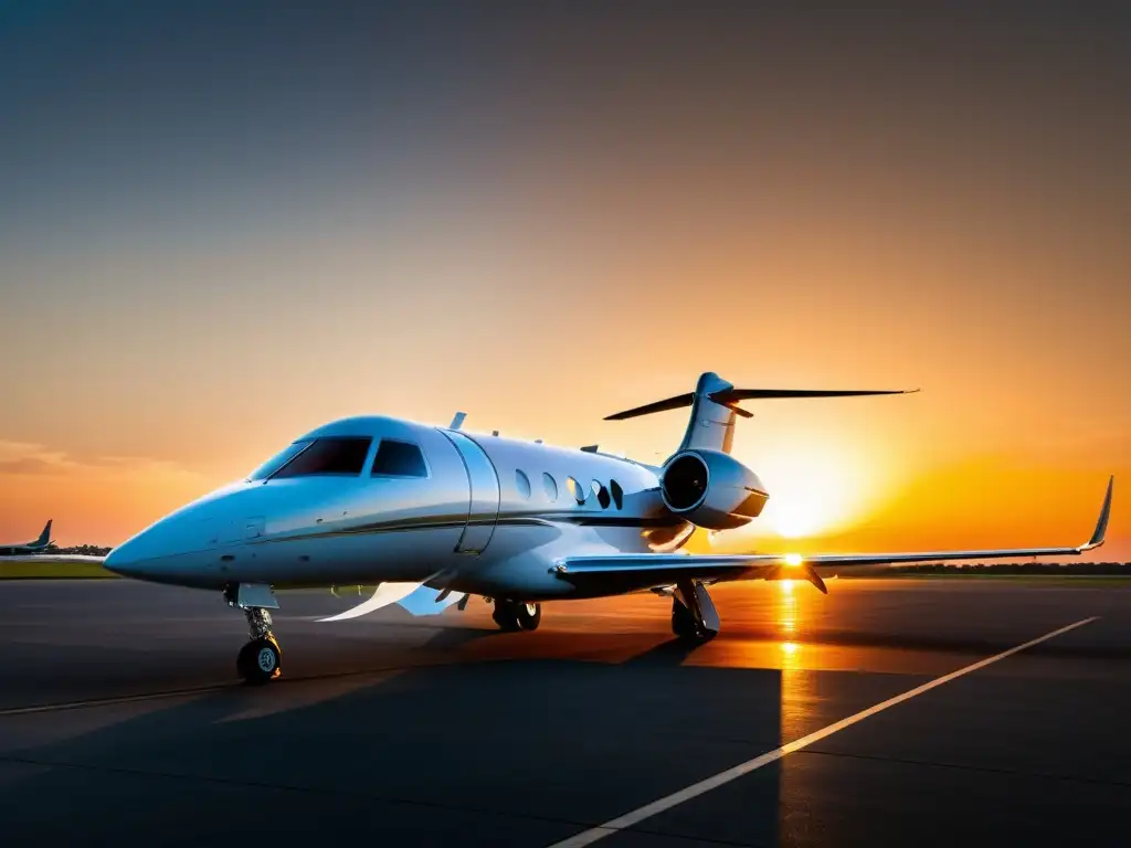 Un lujoso jet privado en la pista al atardecer, reflejando los colores del atardecer