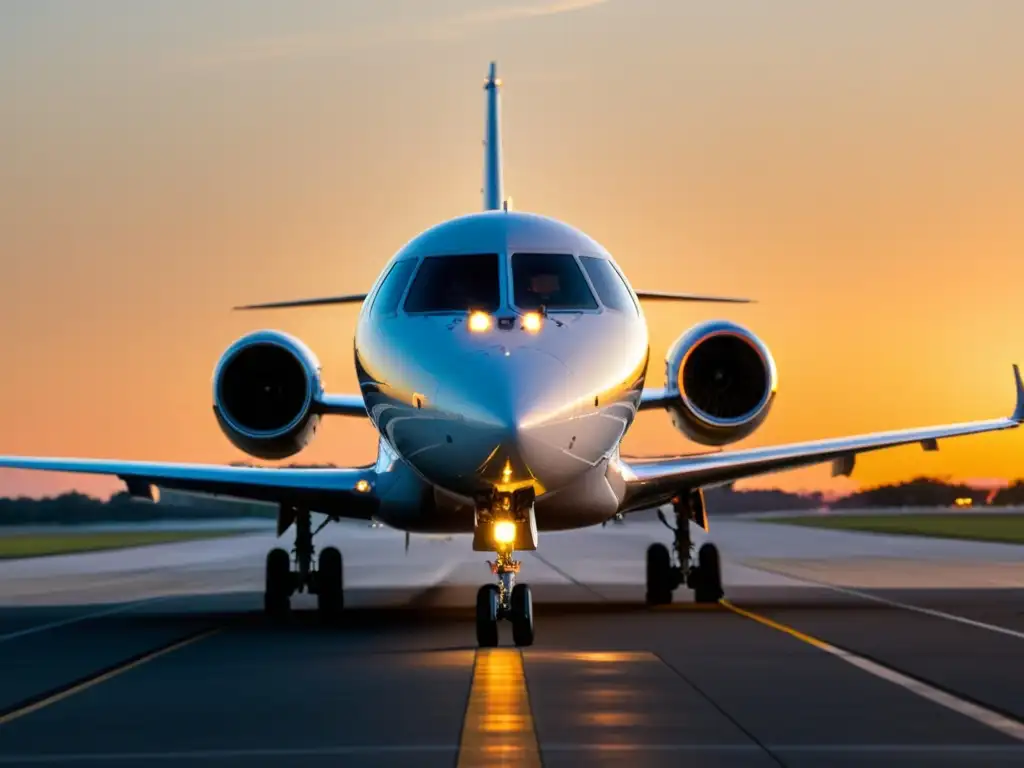 Un lujoso jet privado en pista al atardecer, reflejando opulencia y actividad