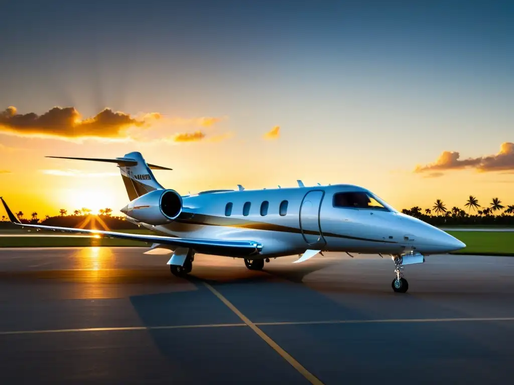 Un lujoso jet privado en pista al atardecer, reflejando el cálido resplandor dorado del sol