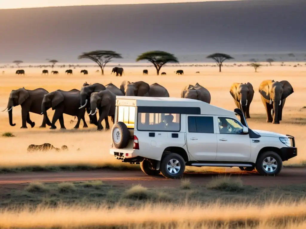 Un lujoso safari en la sabana dorada al atardecer, con elefantes pastando