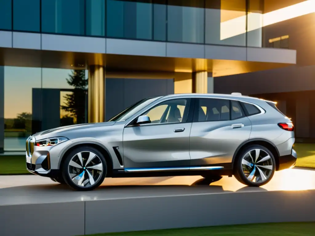 Un lujoso BMW iX SUV eléctrico sostenible frente a un edificio moderno, bañado por la cálida luz del atardecer