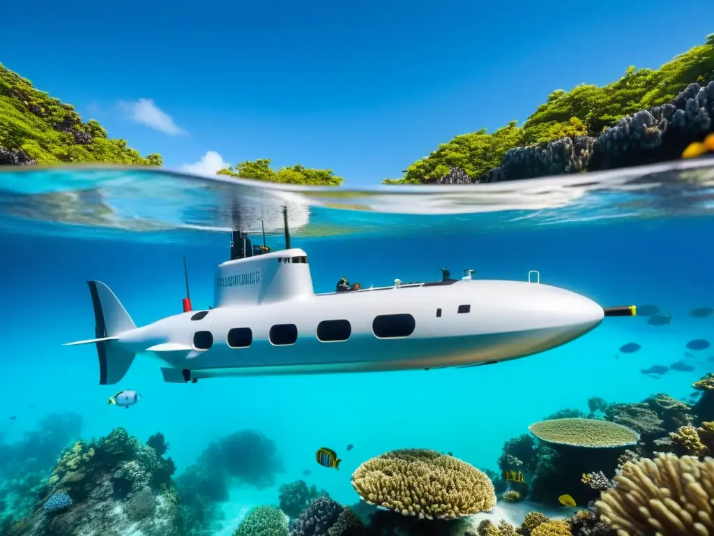 Un lujoso submarino privado se desliza con elegancia bajo el agua, rodeado de coloridos arrecifes de coral y vida marina