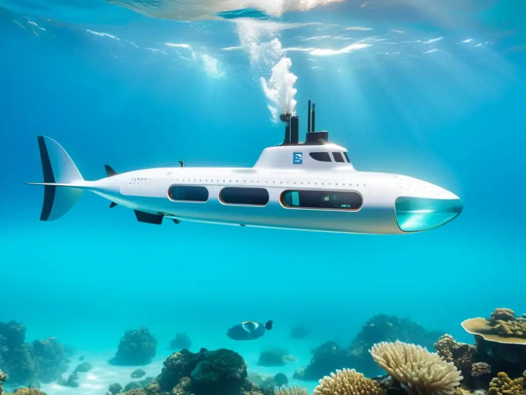 Un lujoso submarino privado innovador surcando aguas cristalinas, mostrando vida marina y coral