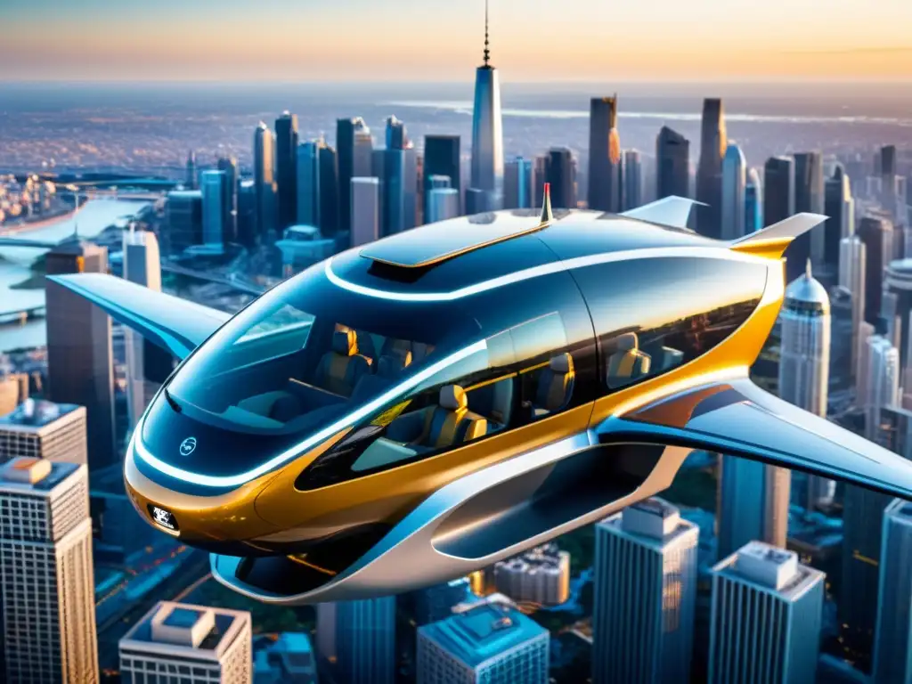 Un lujoso taxi aéreo sobrevolando un bullicioso horizonte urbano, fusionando tecnología y estilo