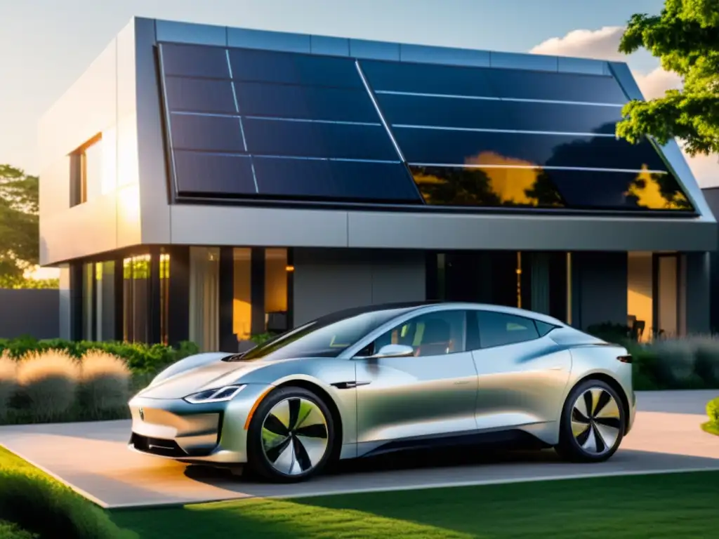 Un lujoso vehículo eléctrico plateado en un entorno sostenible y moderno, reflejando el futuro del transporte sostenible