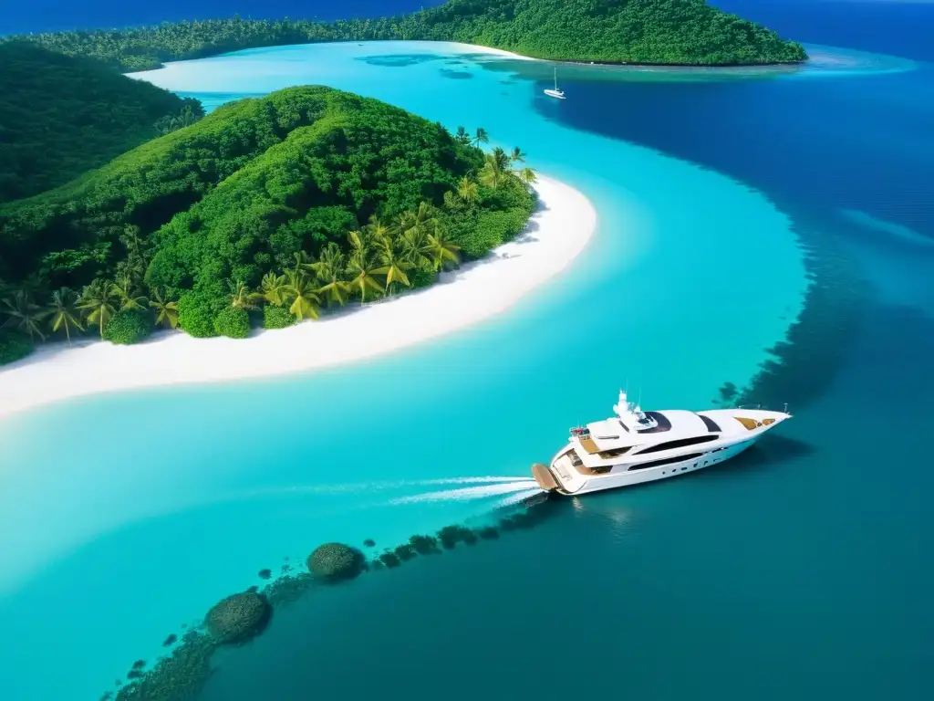 Un lujoso viaje de lujo a islas privadas, con un yate anclado en aguas turquesas y una playa de arena blanca y palmeras exuberantes