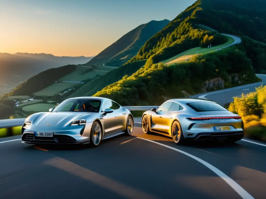 Dos lujosos autos eléctricos, Porsche y Audi, se enfrentan en una carretera montañosa al atardecer, rodeados de naturaleza exuberante