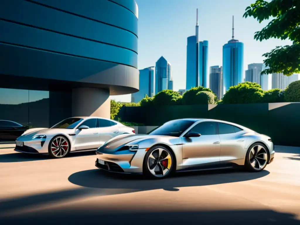 Dos lujosos autos eléctricos, Porsche Taycan y Audi e-tron GT, en un entorno urbano futurista, reflejando su diseño aerodinámico y lujo