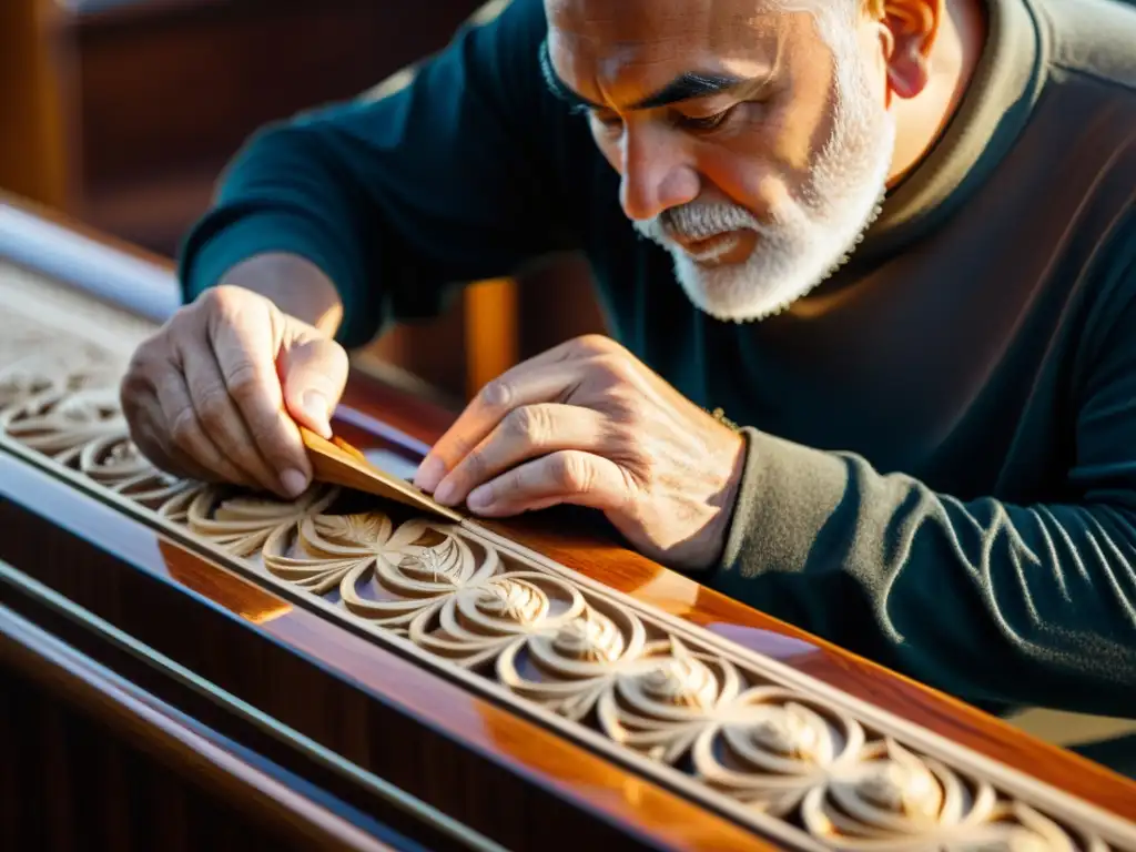 Un maestro artesano talla intrincados diseños en la madera pulida de un yate de lujo, mostrando la maestría y atención a los detalles en la construcción de estos exclusivos yates