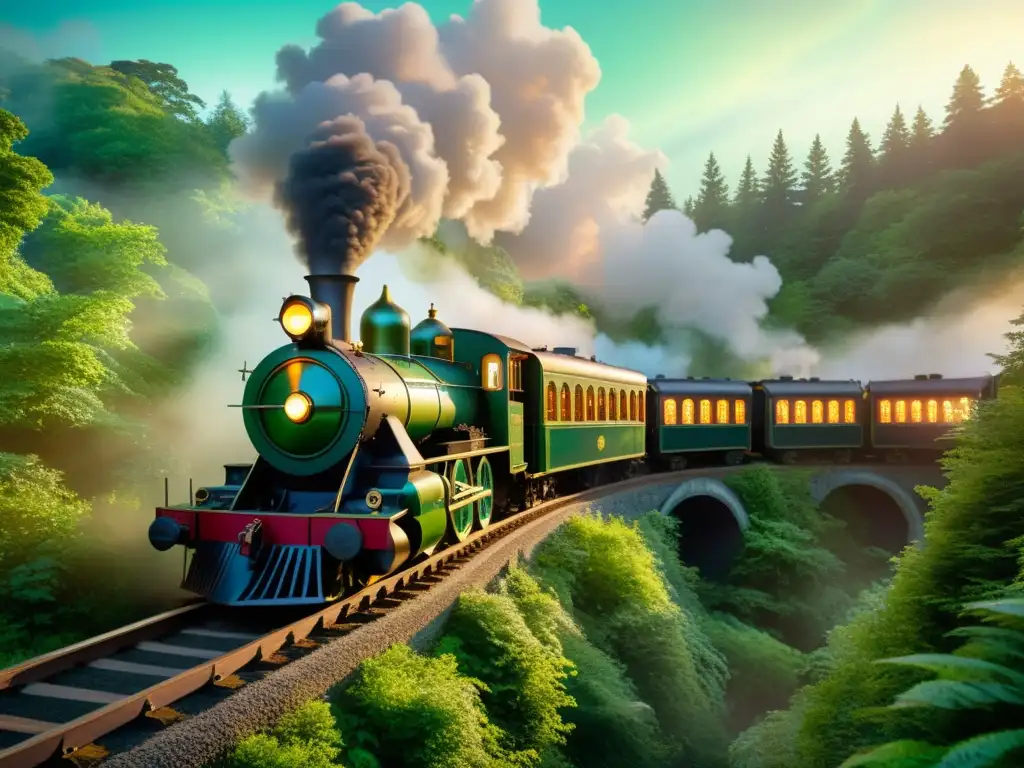 Un mágico tren vintage avanza entre un bosque fantástico, rodeado de criaturas míticas, en una escena de ensueño