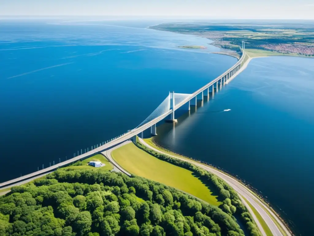 La majestuosa arquitectura del puente de Øresund une Suecia y Dinamarca, con aguas azules y un cielo soleado