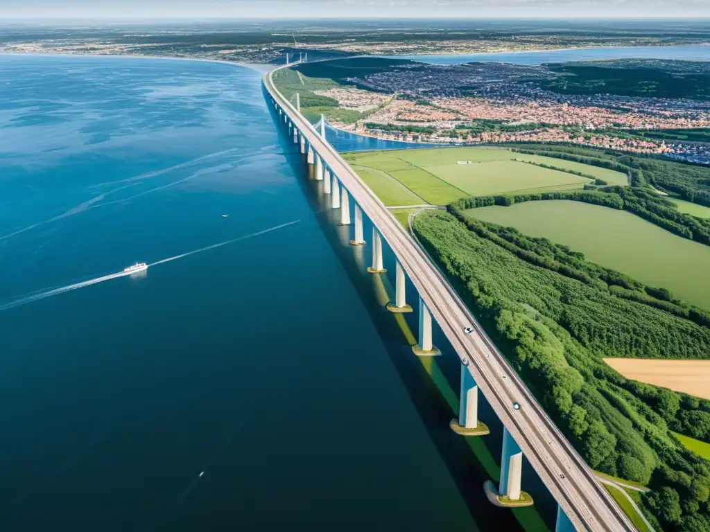 La majestuosa arquitectura del puente de Oresund se destaca en su moderno diseño sobre las aguas azules, con paisajes verdes y urbanos