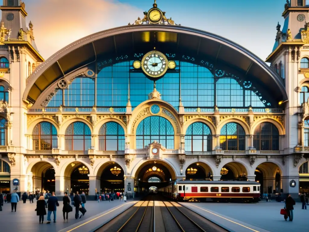 La majestuosa fachada de la Estación Central de Amberes en Bélgica, con detalles arquitectónicos intrincados, arcos imponentes y una plaza bulliciosa llena de viajeros