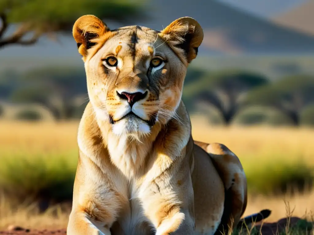 Una majestuosa leona bajo el cálido sol africano, con músculos poderosos y pelaje dorado