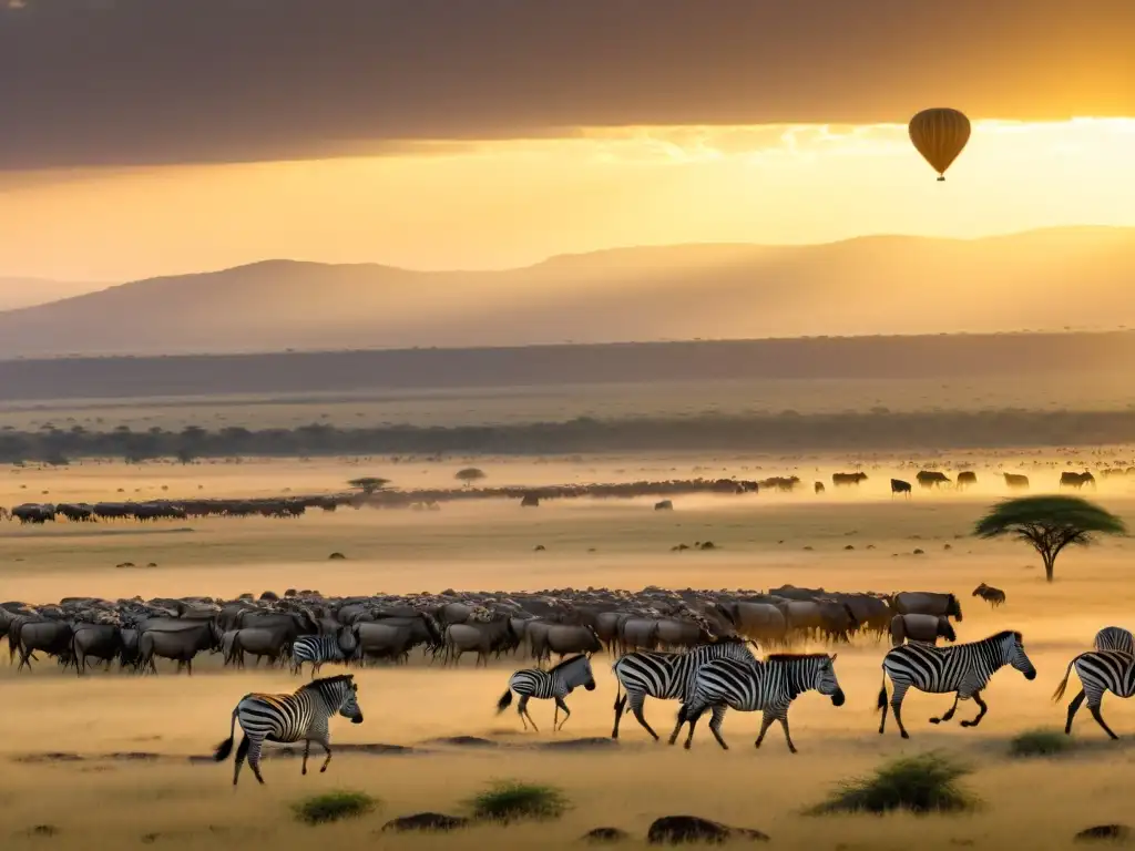 Una majestuosa migración de ñus y cebras en la sabana dorada, con un globo aerostático que ofrece vistas aéreas