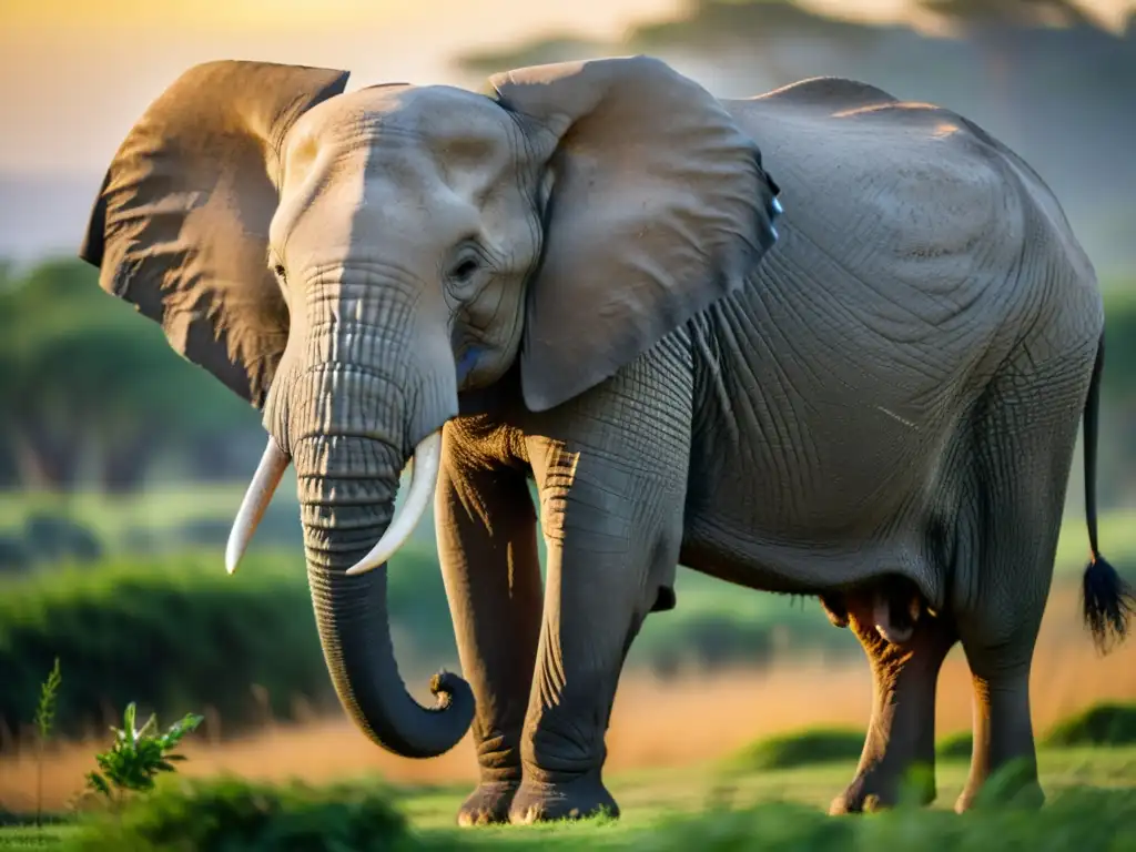 Un majestuoso elefante africano en su hábitat natural, iluminado por la cálida luz del atardecer