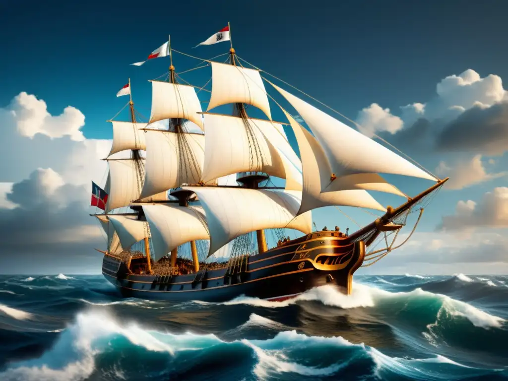 Épica travesía marítima: majestuoso velero surcando aguas turbulentas Un majestuoso barco antiguo surca las turbulentas aguas, con velas al viento y una tripulación determinada