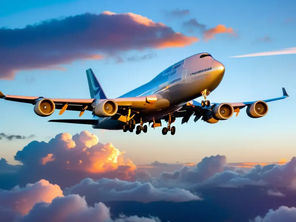 Un majestuoso Boeing 747 plateado surca el cielo al atardecer, reflejando el sol en su fuselaje pulido