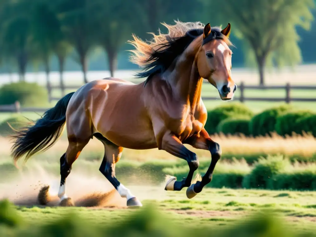 El majestuoso caballo galopa en un campo soleado, su melena y cola ondean al viento