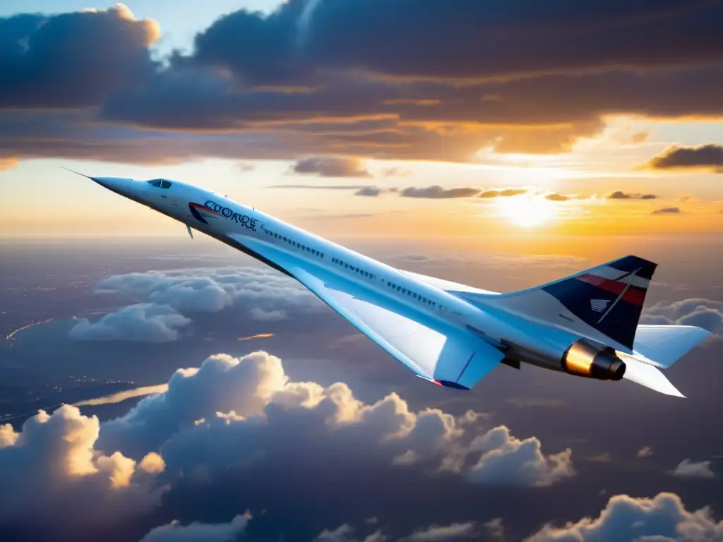 El majestuoso Concorde en pleno vuelo al atardecer, destacando sus icónicas alas delta y elegante diseño