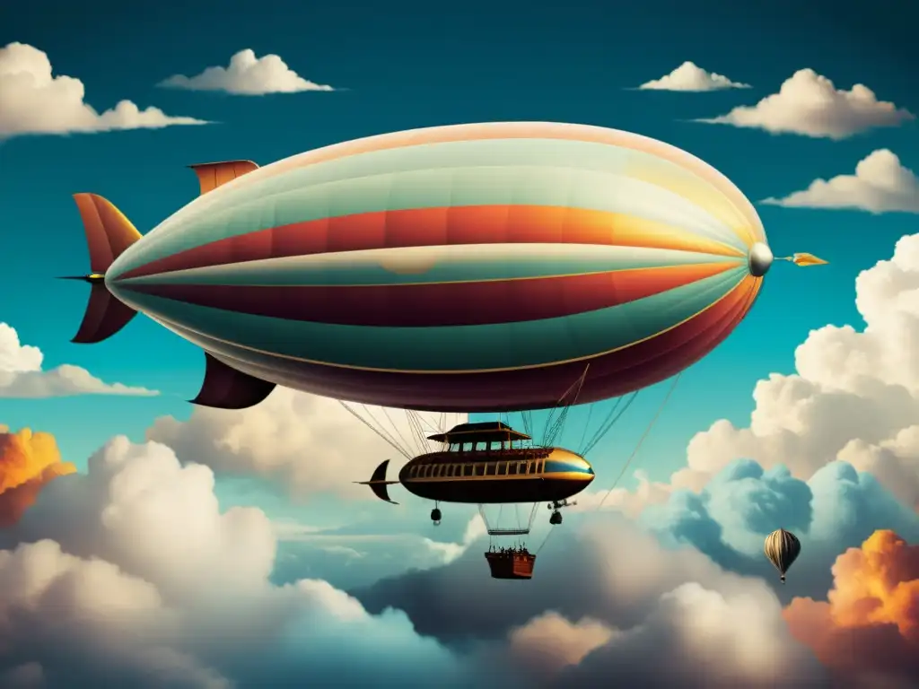 Un majestuoso dirigible flota en un cielo nublado, evocando la maravilla de la representación de dirigibles y globos en la ficción