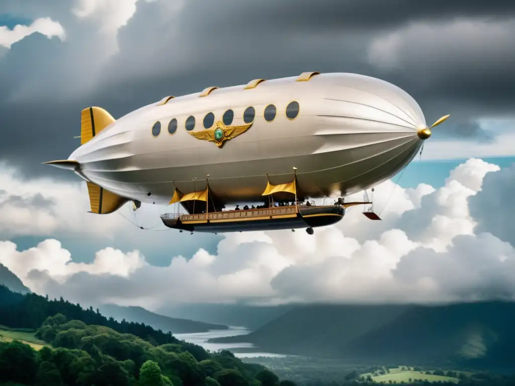 Un majestuoso dirigible de lujo histórico surca el cielo entre nubes, evocando la nostalgia de los medios de transporte históricos innovadores