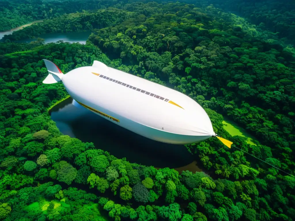 Un majestuoso dirigible moderno flota sobre un exuberante bosque lluvioso