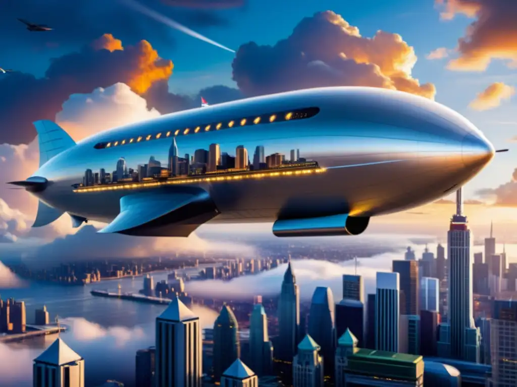 Un majestuoso y futurista zeppelin surca los cielos sobre una ciudad moderna, destacando innovaciones tecnológicas en transporte aéreo