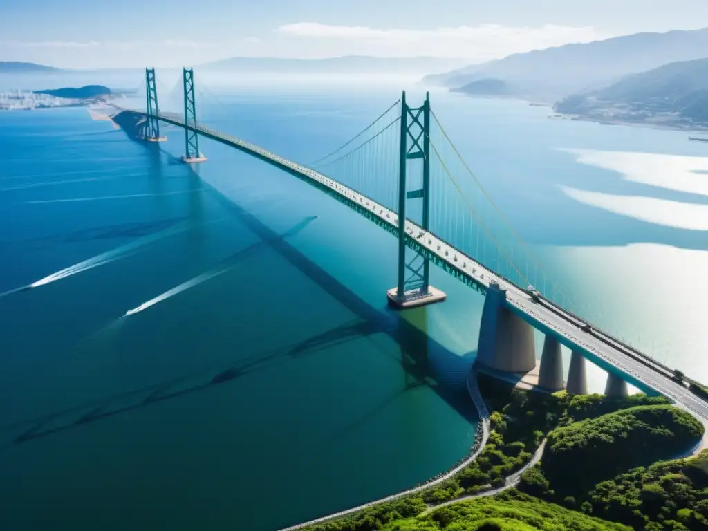 El majestuoso puente Akashi Kaikyo se eleva sobre aguas tranquilas, mostrando su impresionante diseño y logros en la evolución del transporte