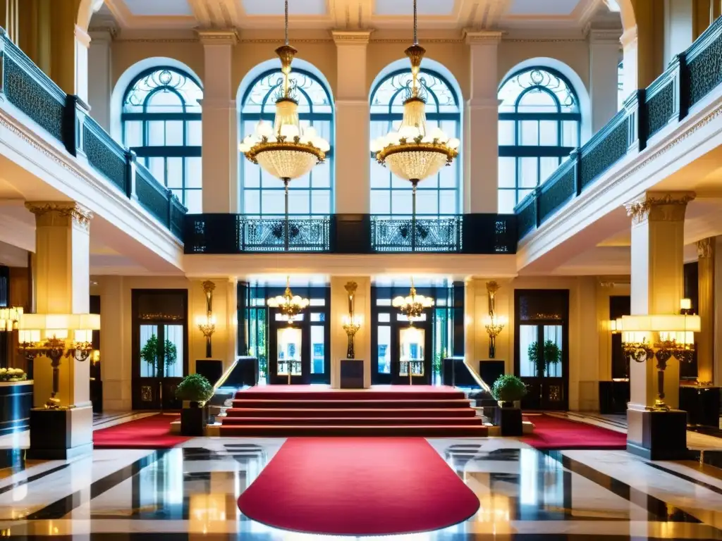 El majestuoso vestíbulo del hotel temático viajes en el tiempo, con su decoración victoriana opulenta, luminarias intrincadas y escalera elegante