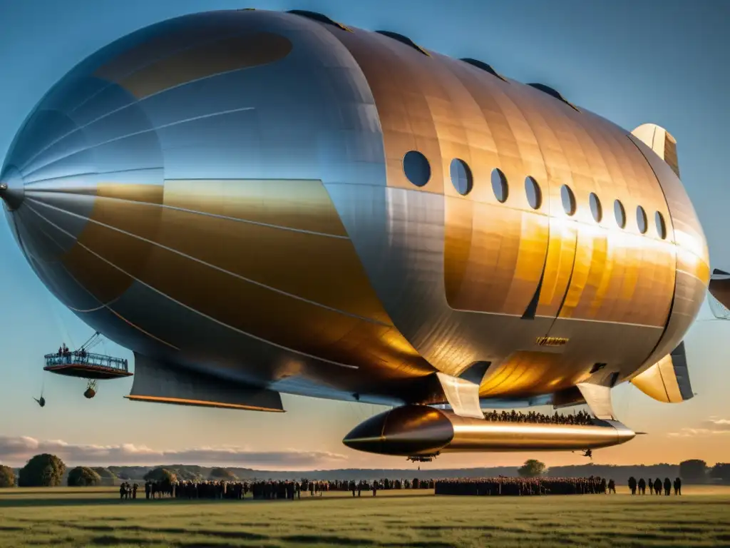 Un majestuoso zeppelín histórico flota en el cielo al atardecer, mostrando la evolución del transporte aéreo en la historia