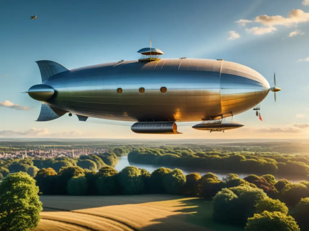 Un majestuoso zeppelín histórico flota en el aire, con detalles intrincados y paisaje visible