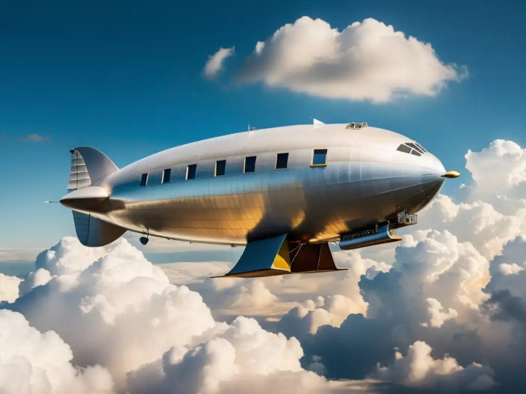 Un majestuoso zeppelín vintage flotando en el cielo con detalle impresionante, mostrando la historia y la innovación en el transporte aéreo