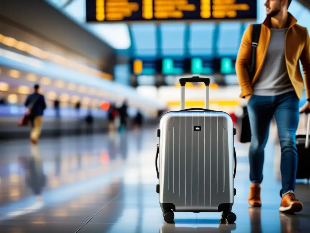 Una maleta inteligente de última generación con pantalla digital integrada, mostrada en un bullicioso aeropuerto