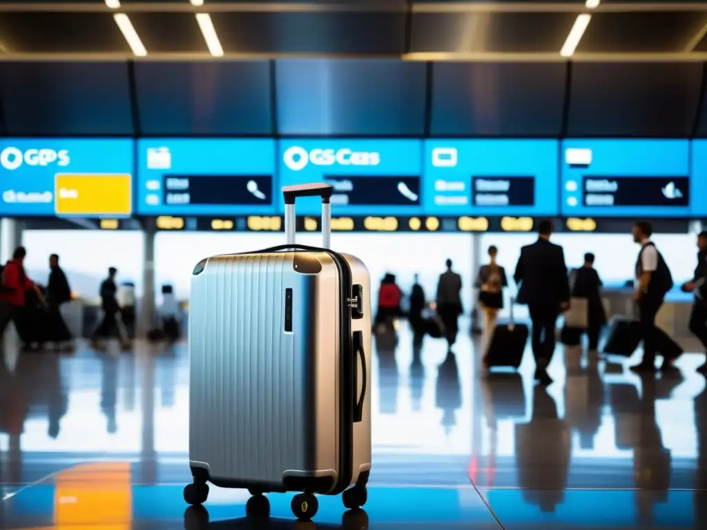 Maleta inteligente de última generación siendo manejada por un viajero en un aeropuerto bullicioso, destacando su conveniencia y tecnología avanzada