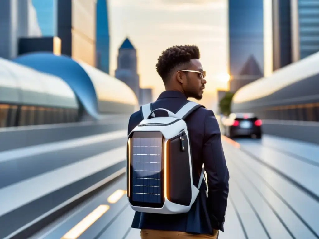 Maletas inteligentes tecnología última generación: Mochila futurista con paneles solares, puertos USB y GPS integrado en entorno urbano moderno