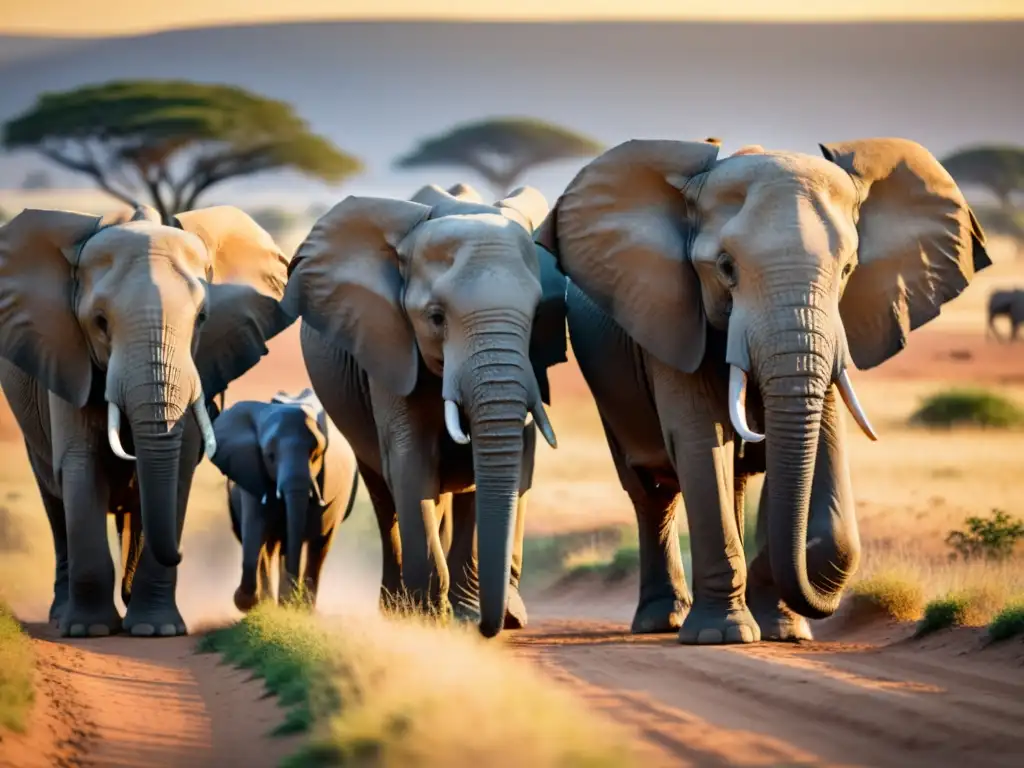 Manada de elefantes majestuosos en la sabana africana al atardecer, reflejando la belleza de un safari exclusivo