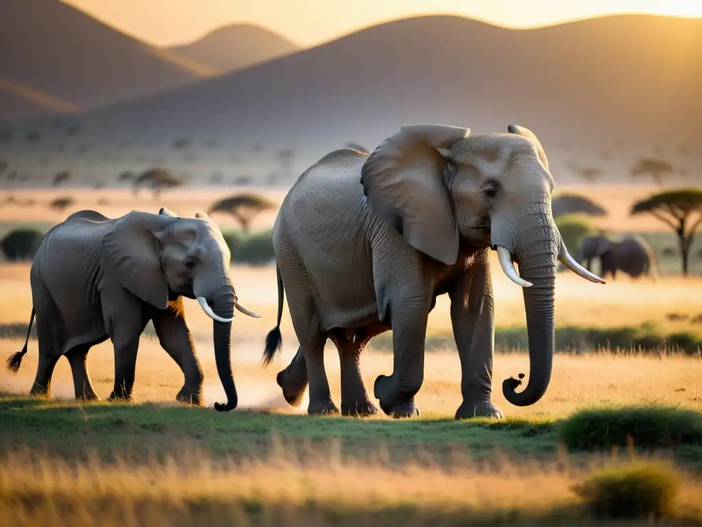 Manada de elefantes majestuosos de safari en la sabana africana al atardecer