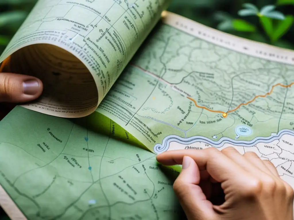 Mano desplegando un antiguo mapa de papel con detalles de ruta en un denso bosque, mostrando la evolución GPS navegación satelital